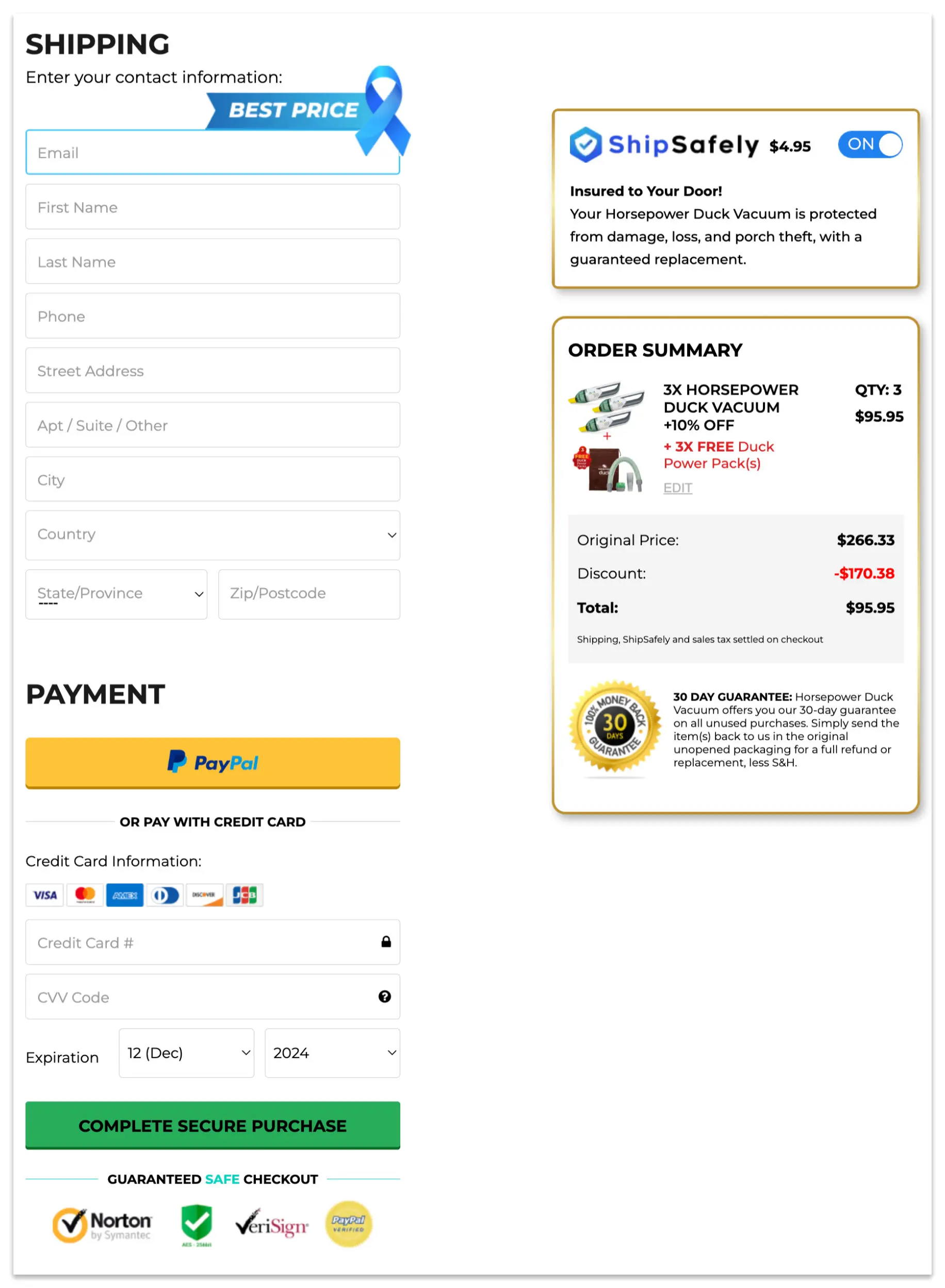 horsepower duck vacuum checkout page